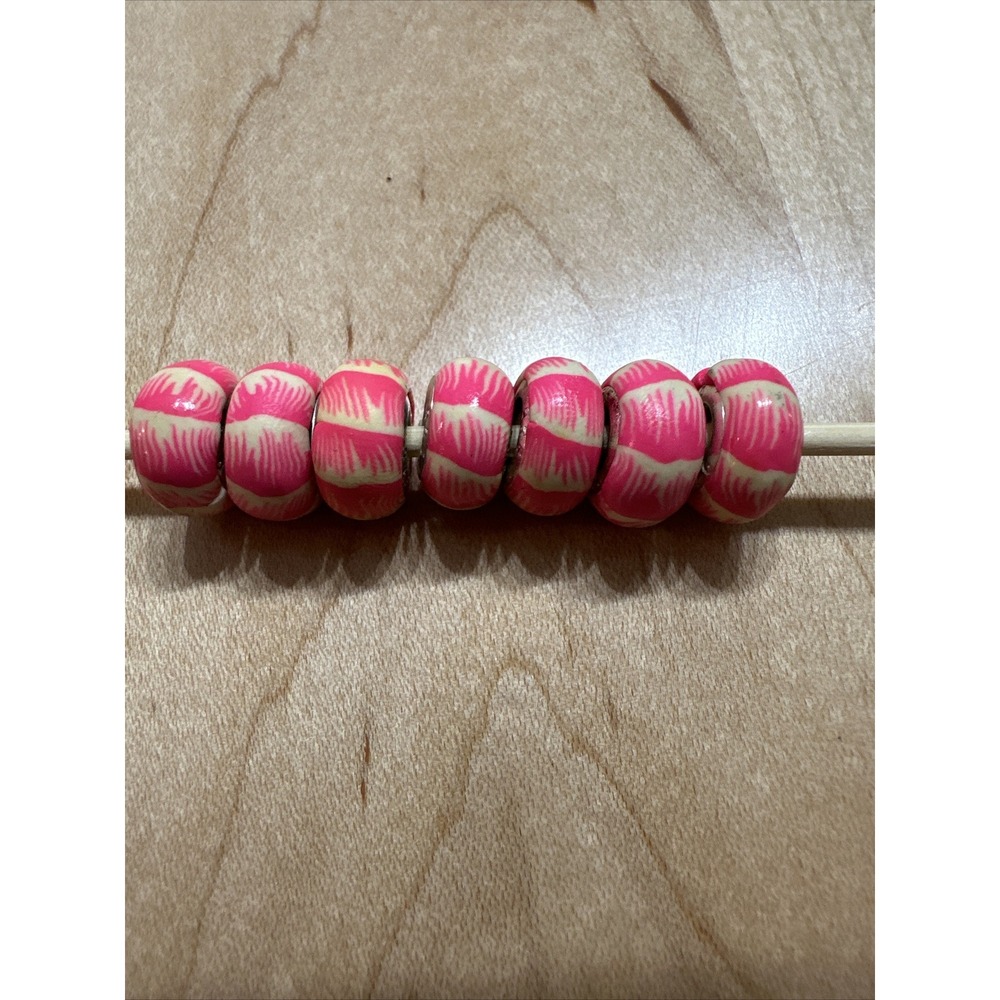 Lot of 7 Sterling Silver 925 Pink Cream Patterned Round European Bead Charms